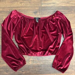 Forever 21 Burgundy Velvet Off-Shoulder Cropped Top